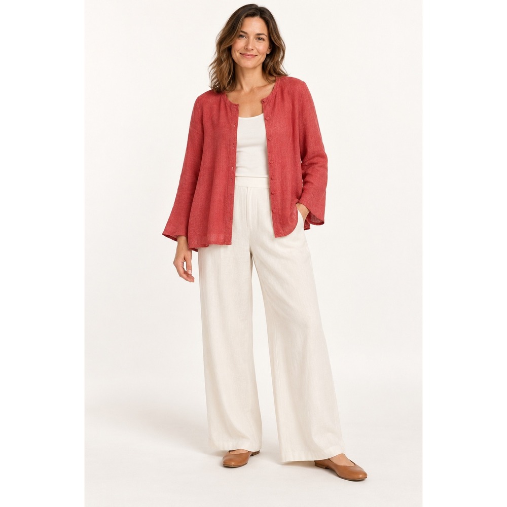 Eileen Fisher Womens L Coral Red 100% Linen Button Front Cardigan Jacket
